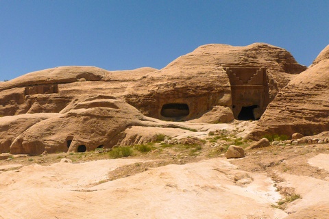A view of one of the ancient buildings carved into the stone in the Rose City of Petra, Jordan.